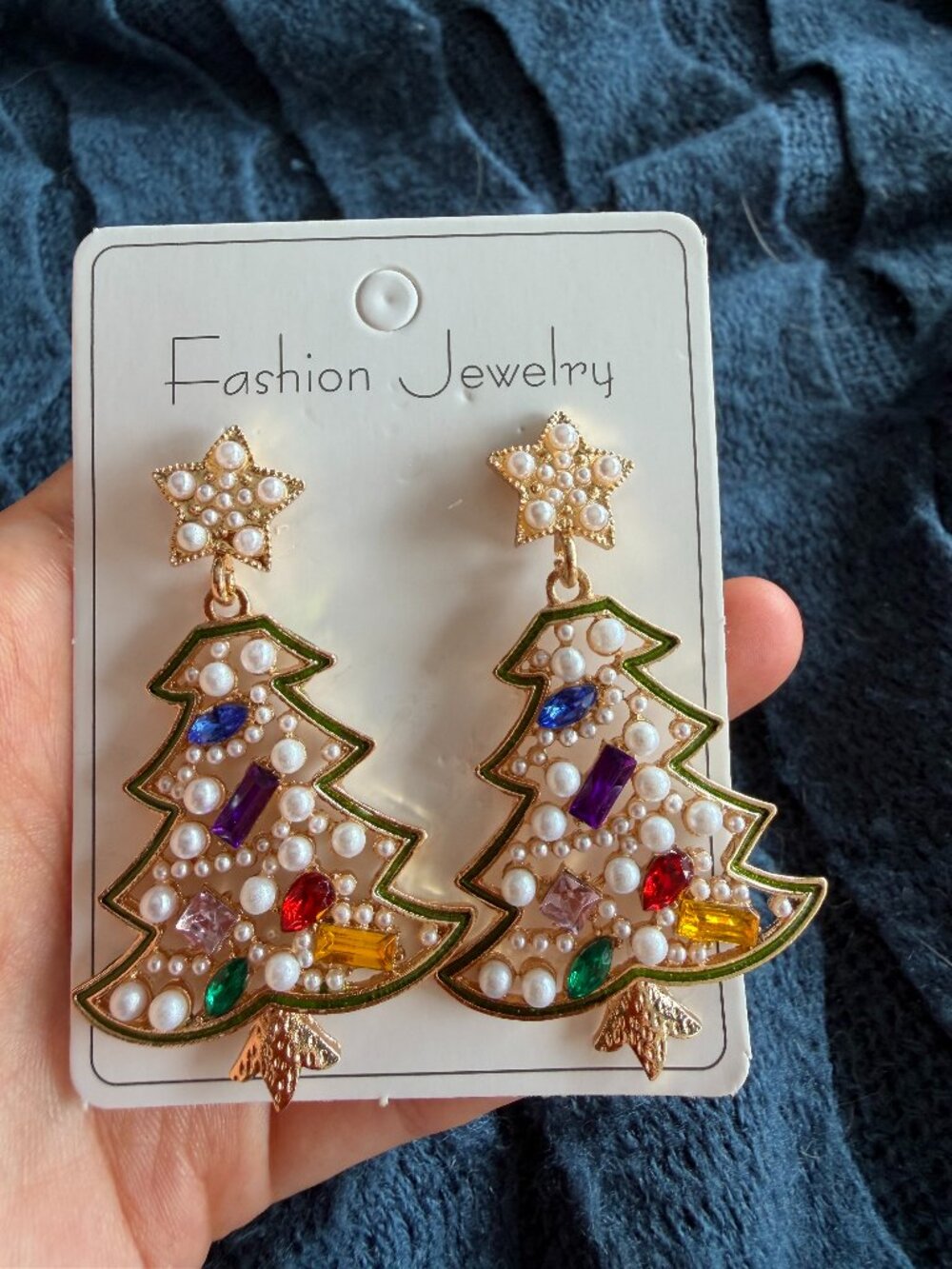 Christmas Tree Pearl & Colorful Gem Dangle Earrings